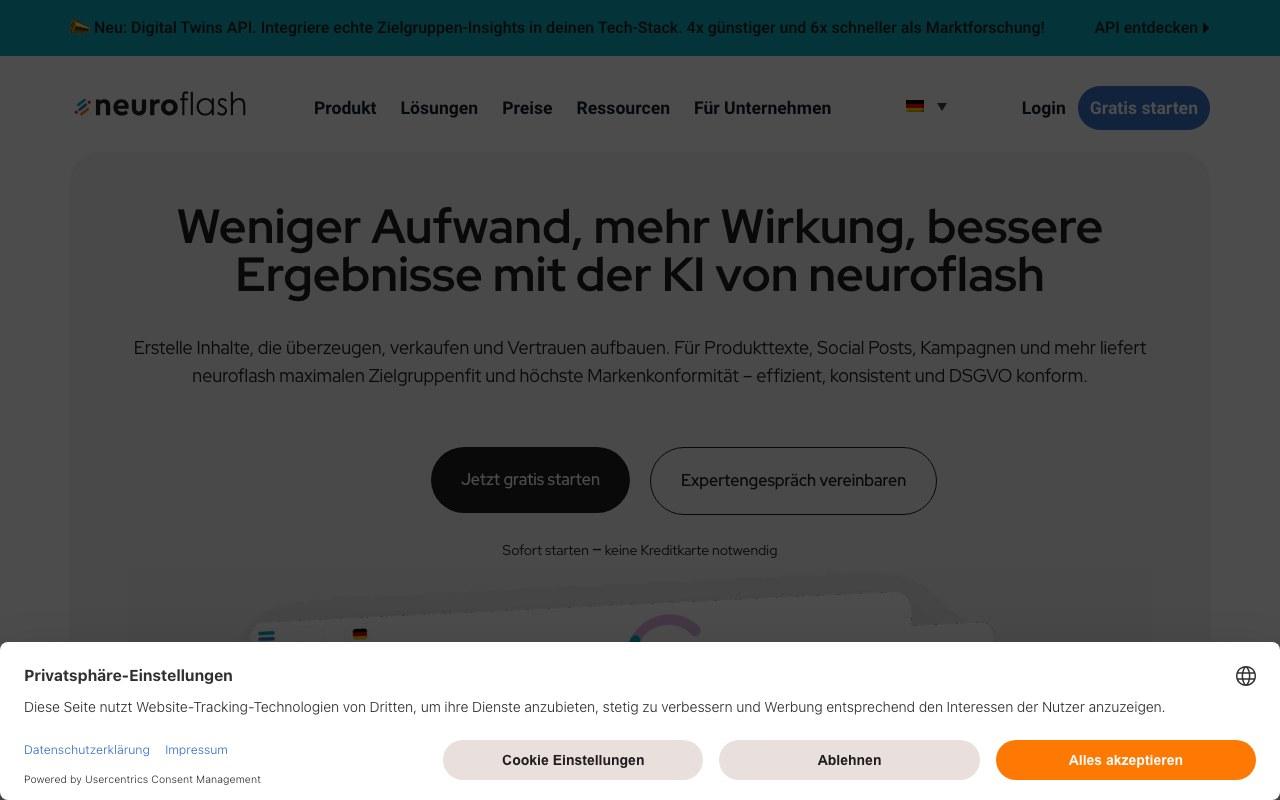 Screenshot der Neuroflash-Website