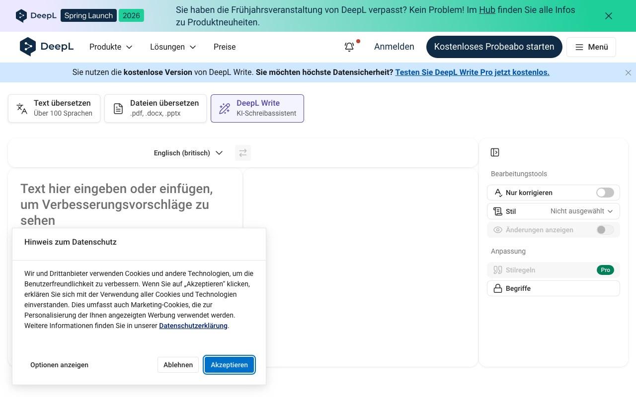 Screenshot der DeepL Write-Website