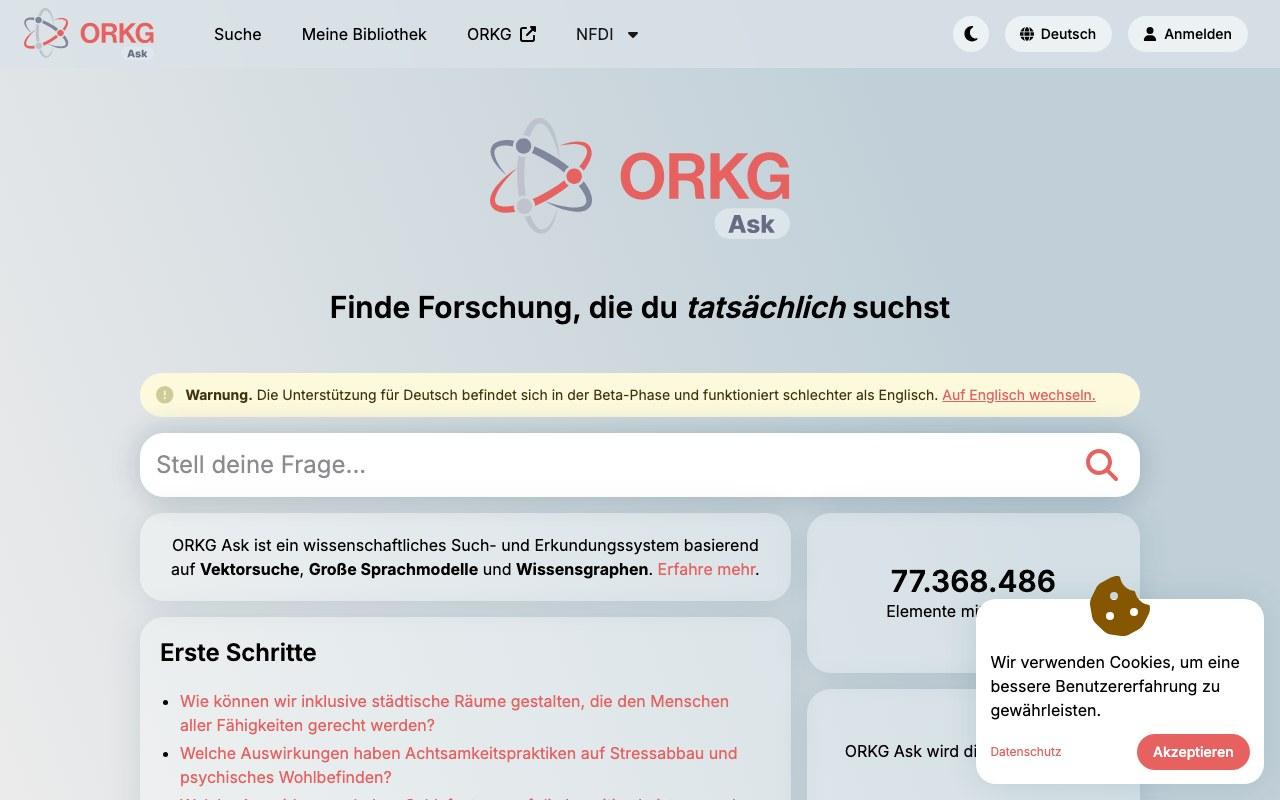 Screenshot der ORKG Ask-Website