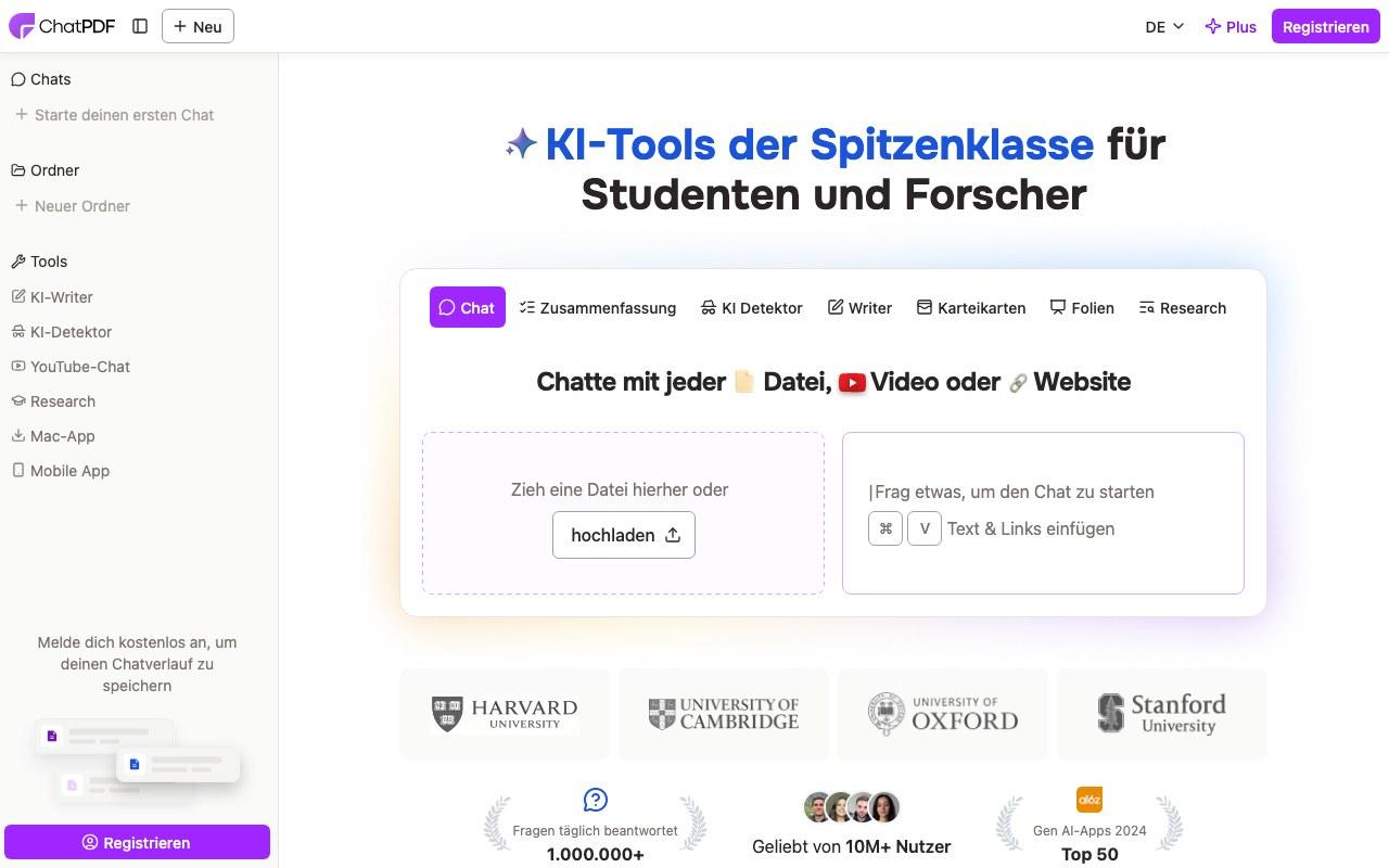 Screenshot der ChatPDF-Website