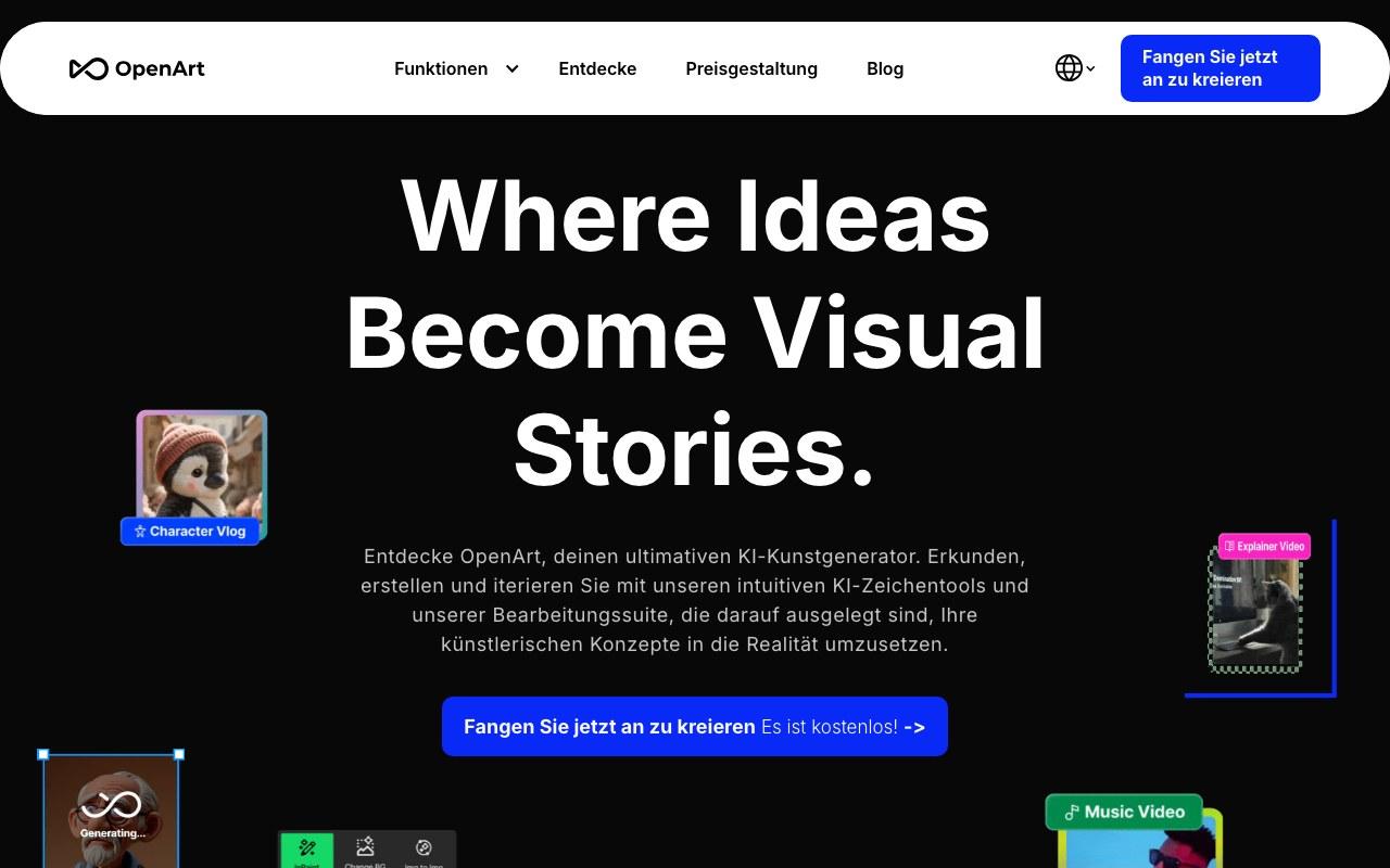 Screenshot der OpenArt-Website