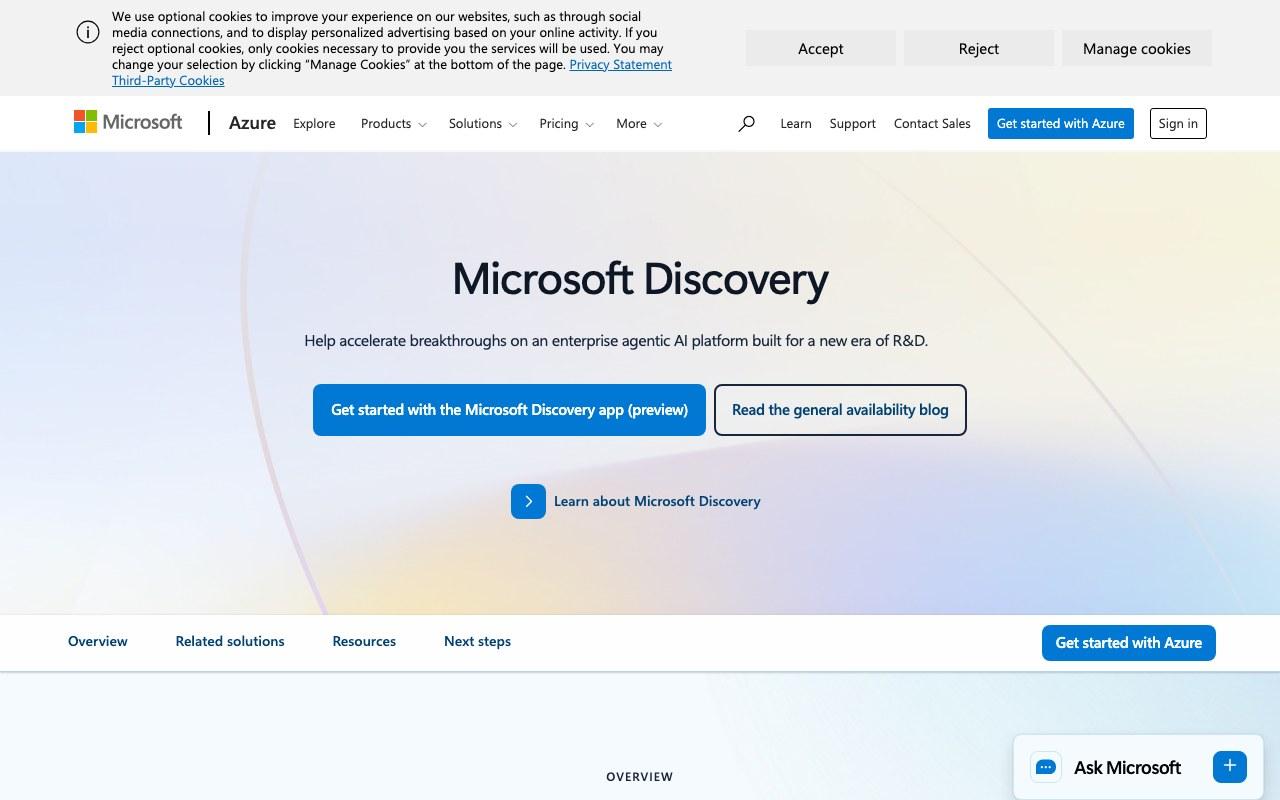 Screenshot der Microsoft Discovery-Website