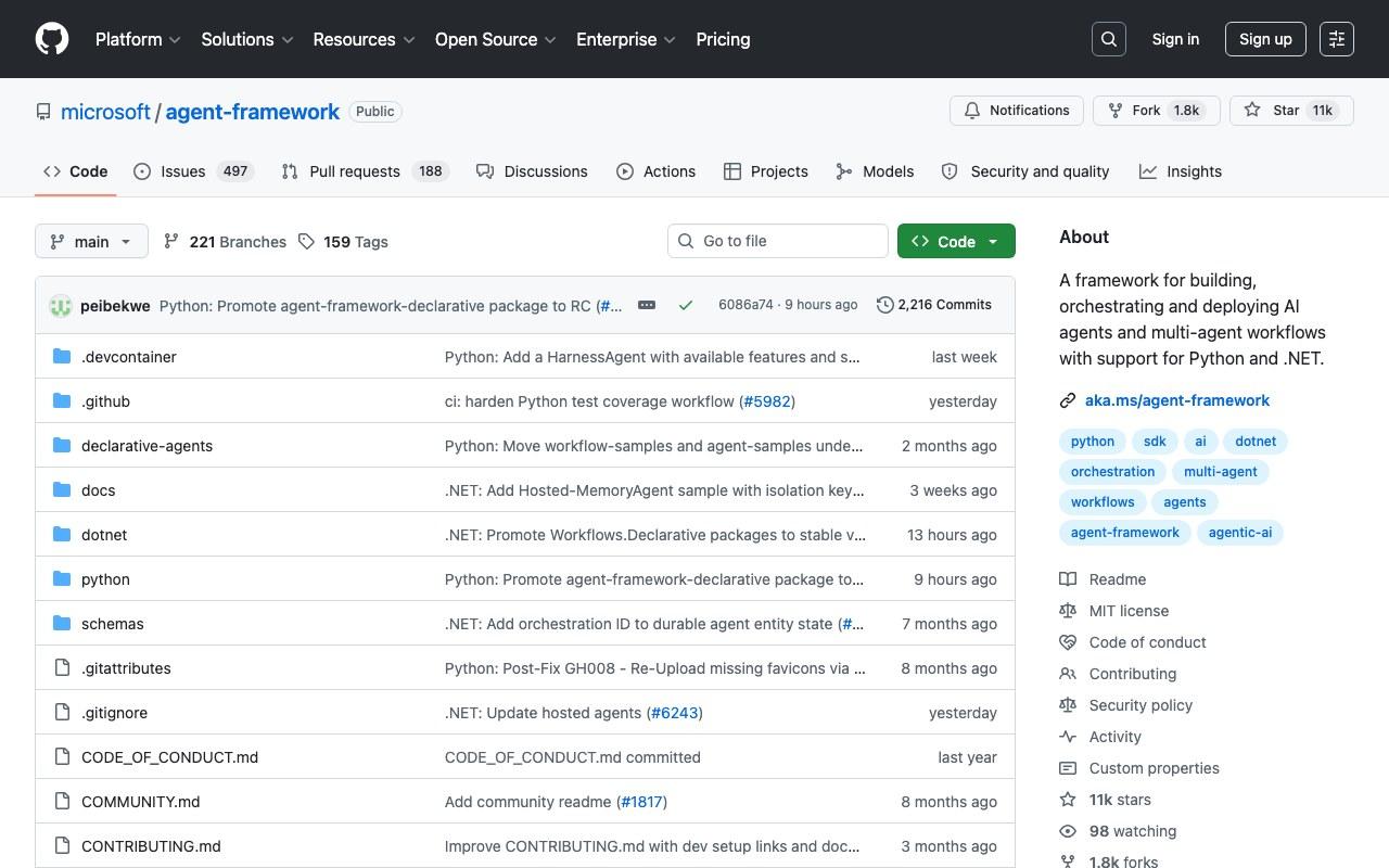 Screenshot der Microsoft Agent Framework-Website