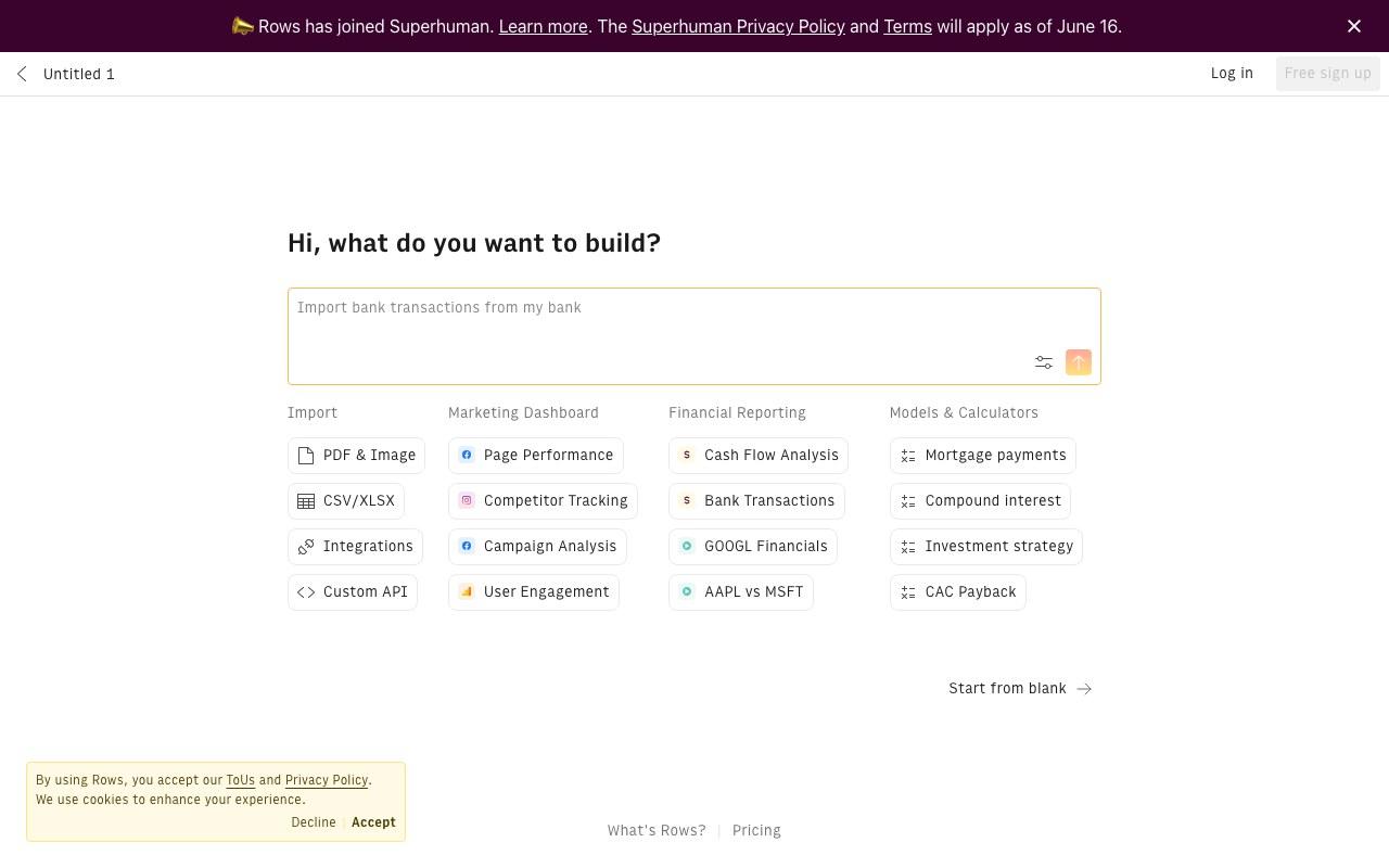 Screenshot der Rows-Website