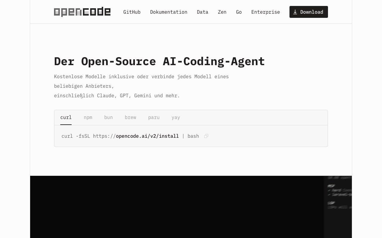 Screenshot der OpenCode-Website