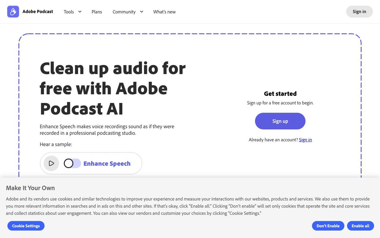 Screenshot der Adobe Podcast-Website