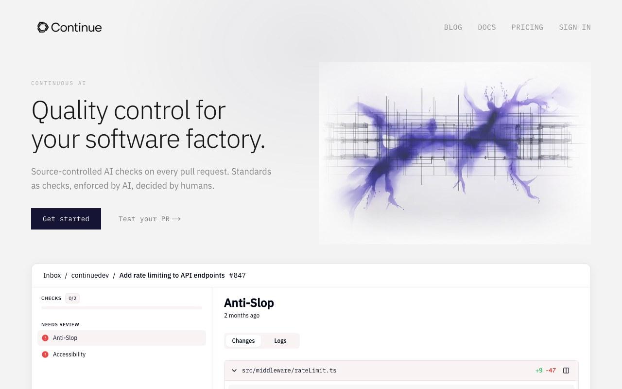Screenshot der Continue-Website