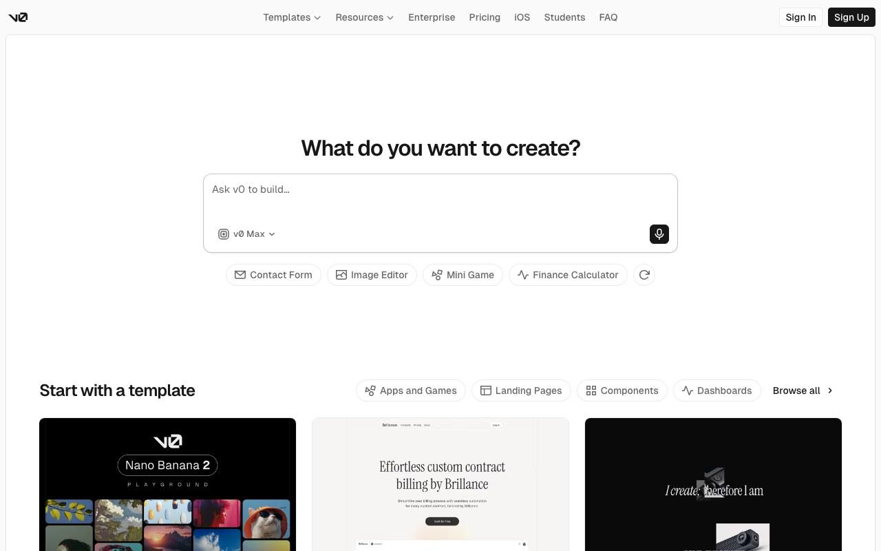 Screenshot der v0-Website