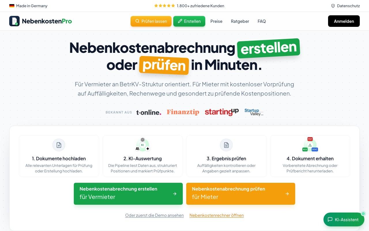 Screenshot der NebenkostenPro-Website